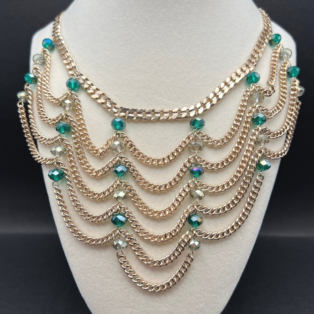Neiman Marcus AB Crystal Bib Necklace Gold Tone Teal Tiered Layered Regency
